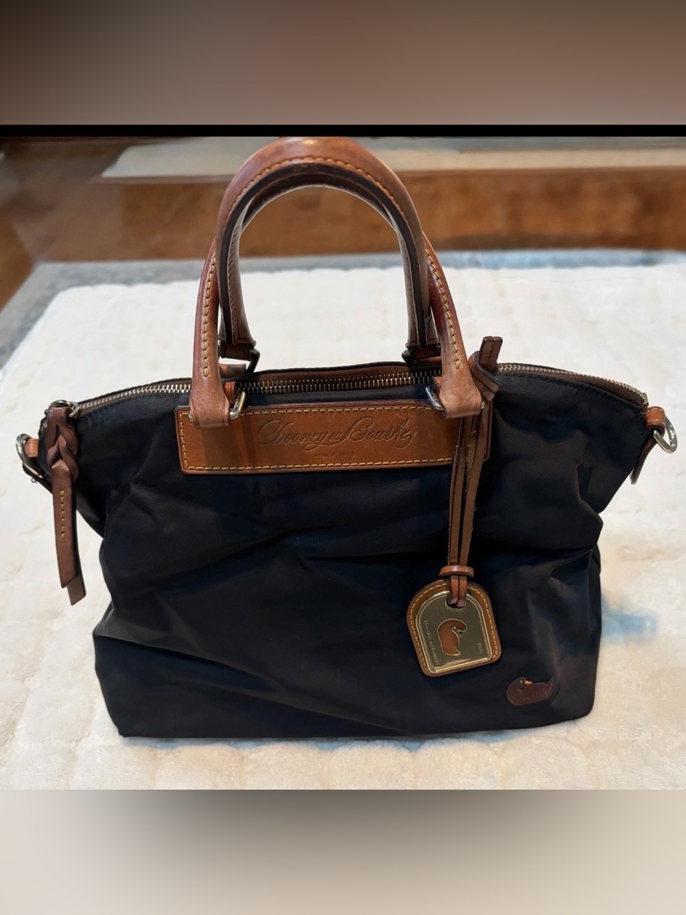 Vintage Dooney & Bourke Black Nylon Satchel Bag with Brown Leather Trim